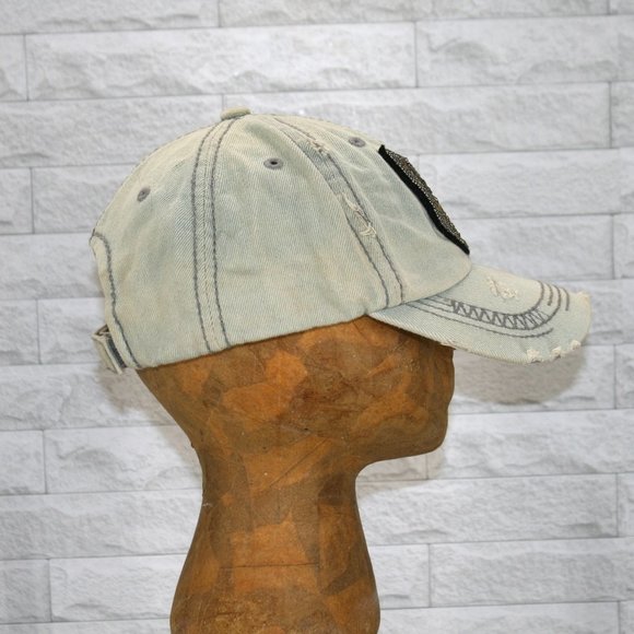 Trucker Hat Baseball Cap Distressed Faded Denim Beaded Metallic Patch Vintage - Picture 4 of 14